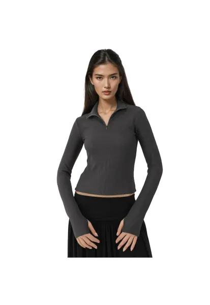 Bluza sport dama -  Polo activ cu maneca lunga - fermoar - gri - tricot