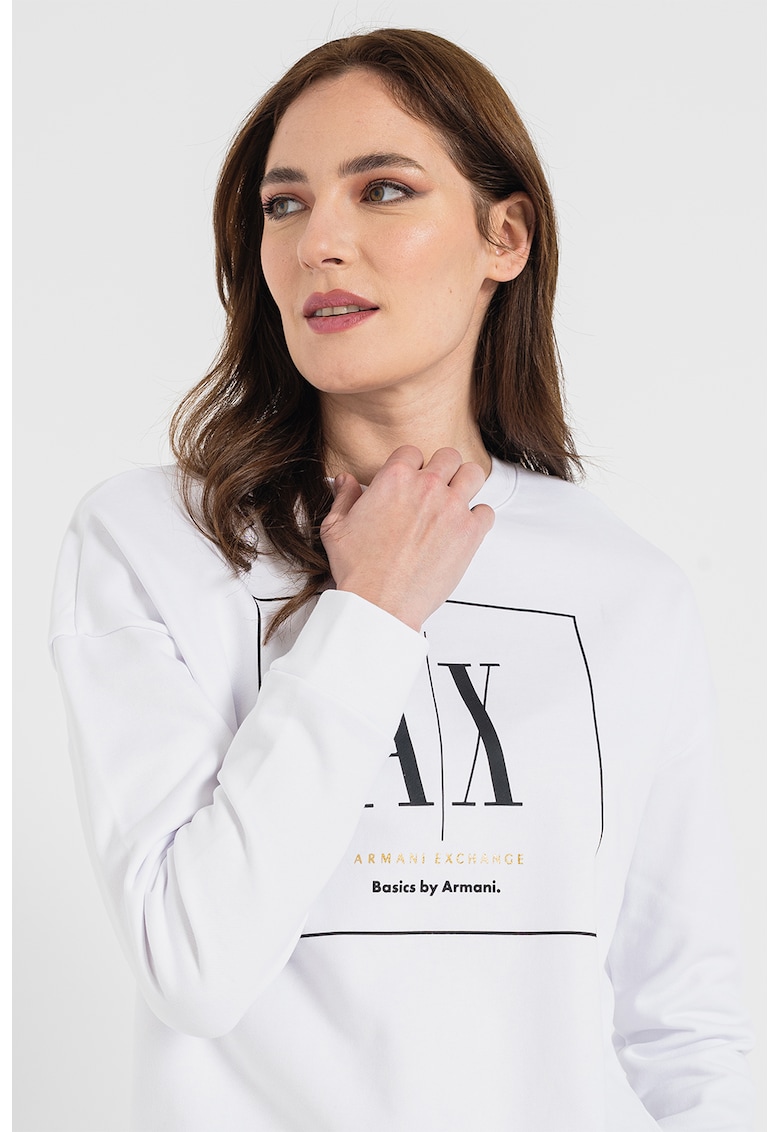 Bluza sport cu imprimeu logo si maneci cazute - Alb