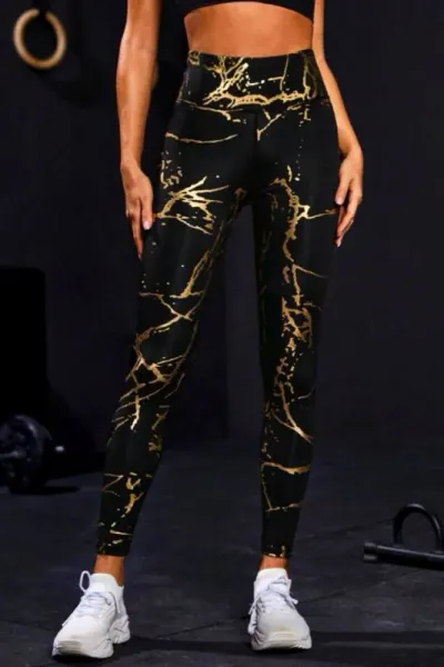 Colanti fitness Metallic Gold, cu banda lata modelatoare si imprimeu auriu