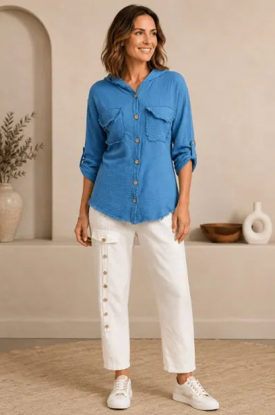 Compleu Damă Albastru-Alb din Bumbac Bluză cu Glugă și Pantaloni