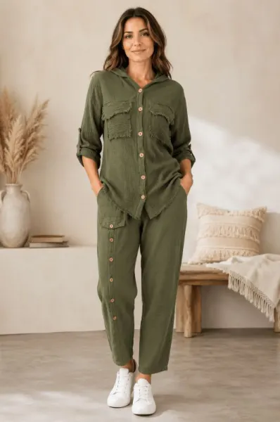 Compleu Damă Verde Kaki din Bumbac cu Bluză cu Glugă și Pantaloni