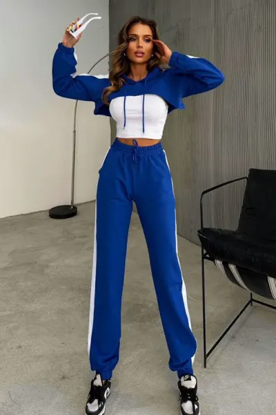 Compleu sport Bold Comfort, cu trei piese, hanorac decupat, top asortat si pantaloni cu dunga laterala, Albastru