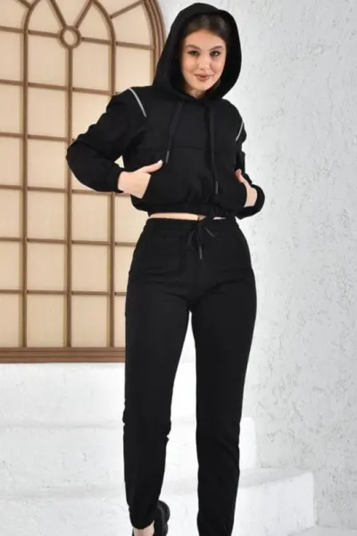 Compleu sport dama, Zheya, pantaloni si bluza cu gluga si fermoar decorativ, Negru