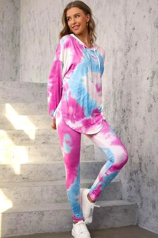 Compleu sport Fussion, cu imprimeu pastel, colanti si bluza lunga cu gluga, Fucsia