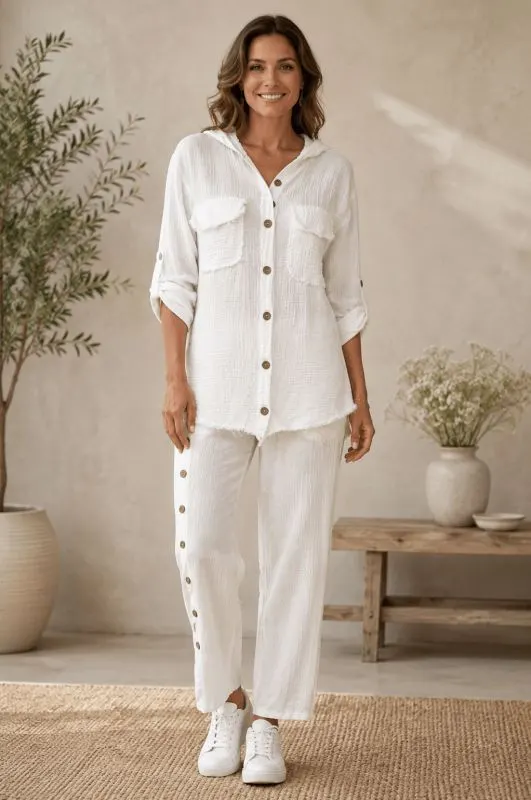 Compleu Damă Alb din Bumbac Bluză cu Glugă și Pantaloni