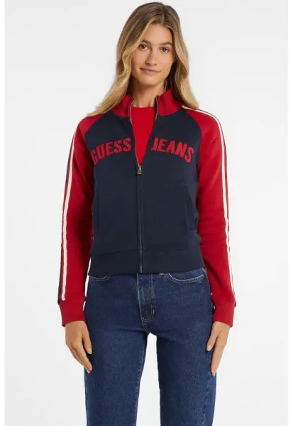 GUESS - Bluza de trening cu fermoar si broderie logo - Rosu/Bleumarin