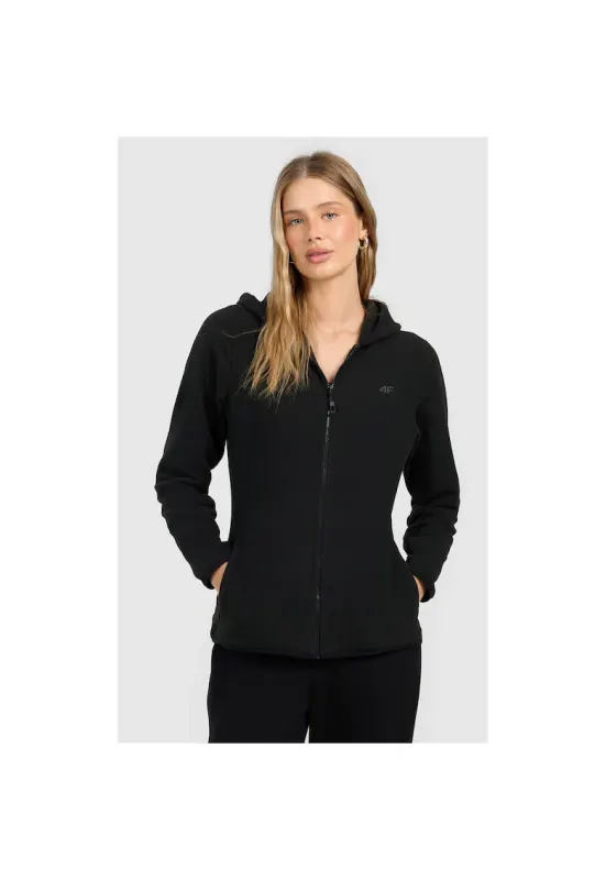 Hanorac sport dama - polar slim cu gluga - negru - material subtire - 2 buzunare cu fermoar