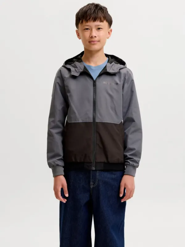 Jack & Jones Jacheta softshell, baieti, cu gluga, Regular fit, Gri inchis (SELECTATI MARIMEA: 140 cm)