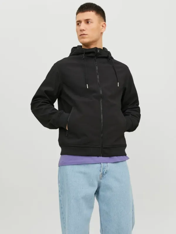 Jack & Jones Jacheta softshell, barbati, cu gluga, Regular fit, JJEBASIC, Negru (SELECTATI MARIMEA: L)