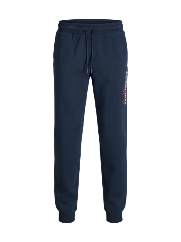 Jack & Jones Pantaloni de trening barbati, cu talie medie, Regular Fit, imprimeu cu logo, JPSTGORDON, Bleumarin inchis (SELECTATI MARIMEA: M)