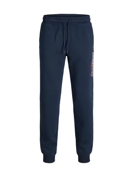 Jack & Jones Pantaloni de trening barbati, cu talie medie, Regular Fit, imprimeu cu logo, JPSTGORDON, Bleumarin inchis (SELECTATI MARIMEA: XL)