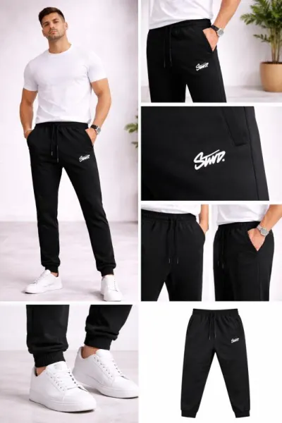 Pantalon Bărbați Trening cu Manșetă,Negru,Engros