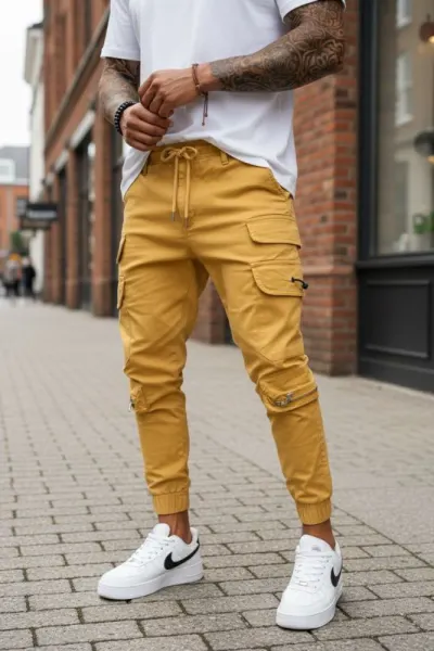 Pantaloni de trening cargo, crem, conici Y101 26-4