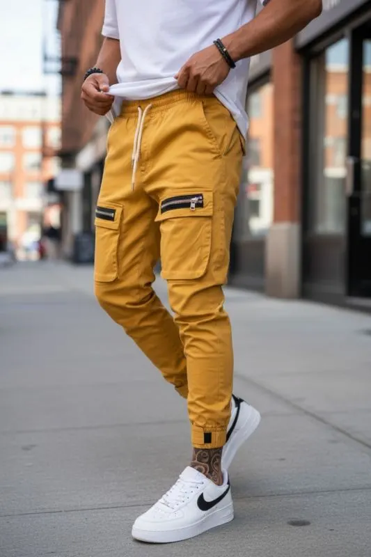 Pantaloni de trening cargo, crem, conici Y103 25-1