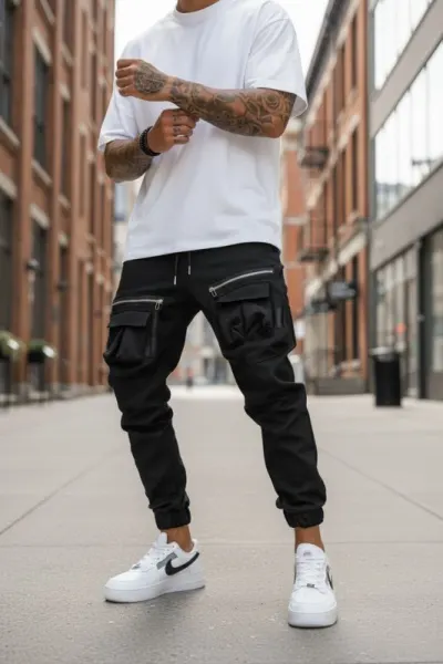 Pantaloni de trening cargo  negri  conici Y256 33-3