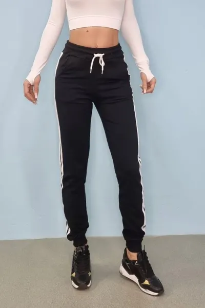 Pantaloni de trening, Confort, cu dungi laterale, Negru