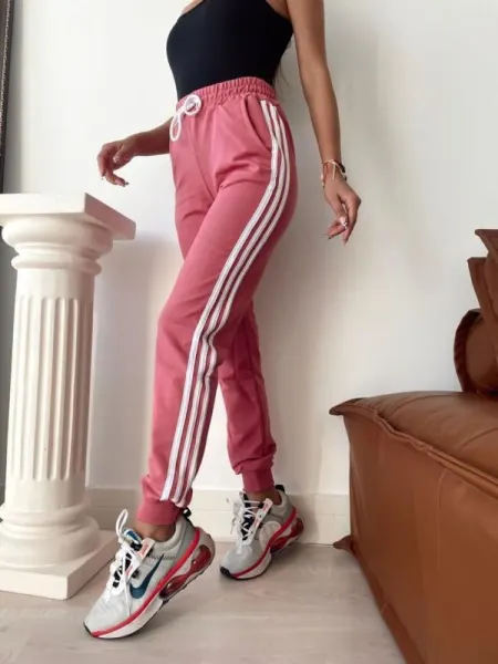 Pantaloni de trening cu dungi laterale, pentru femei, talie inalta, Roz