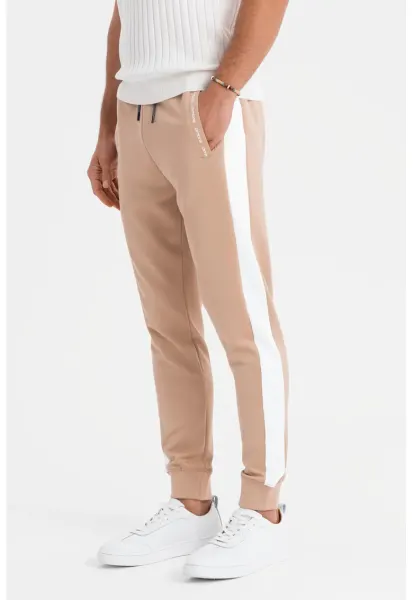 Pantaloni de trening cu segmente laterale contrastante - Alb/Bej