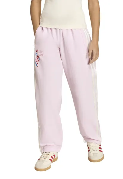 Pantaloni de trening cu talie inalta si broderie - Alb/Roz pal