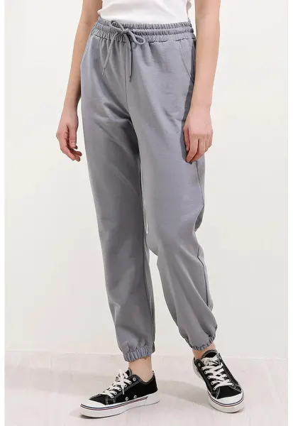 Pantaloni de trening - HiCCUP - talie elastica - cu buzunare - gri - bumbac