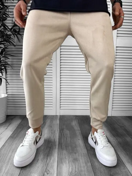 Pantaloni de trening slim fit, catifea, bej B6236 45-3