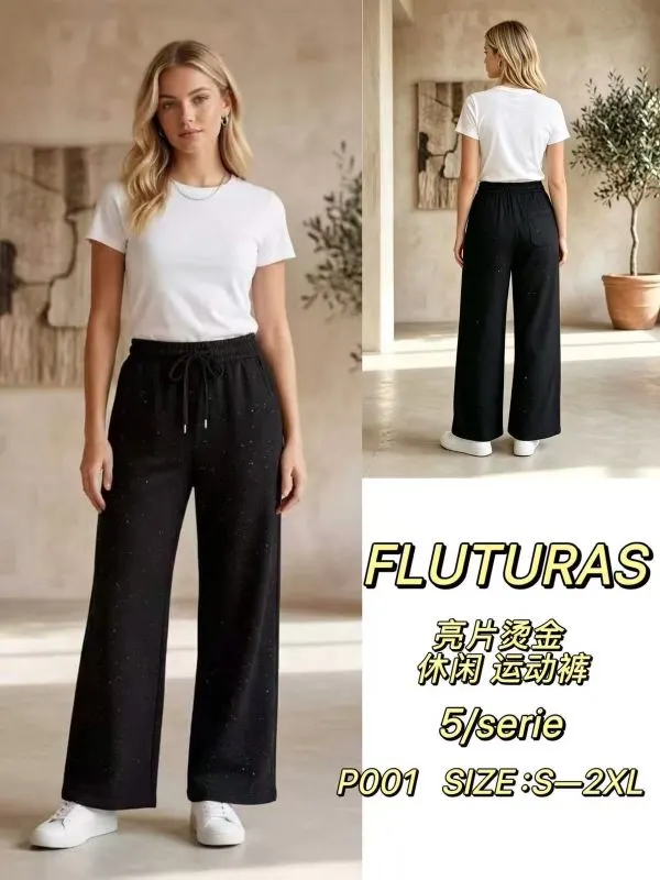 Pantaloni Engros pentru femei,evazat larg cu sclipici si cu snur, tip sport, casual, cu talie inalta , super calitate, elastan [CLONE]