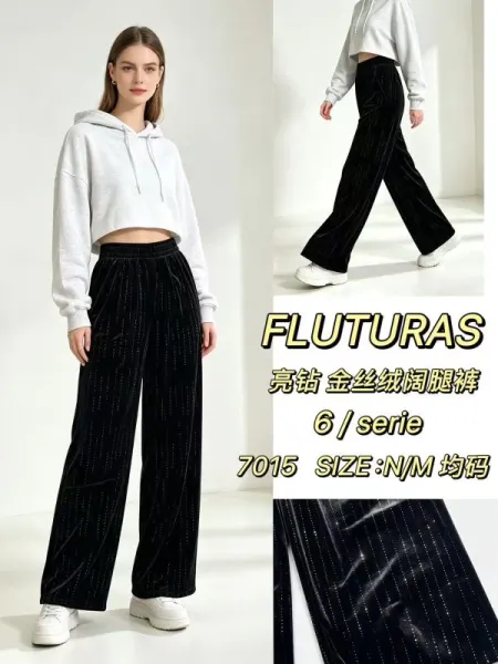 Pantaloni Engros pentru femei,evazat larg ,negru cu sclipici, tip sport, casual, cu talie inalta