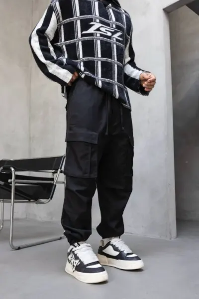 PANTALONI JOGGERS CARGO RELAXED FIT – STREETWEAR BLACK BGBLACK5(17382) (MĂRIME: S, CULOARE: BLACK)