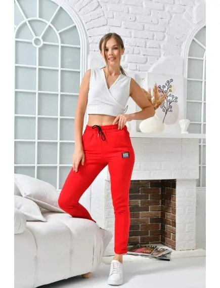 Pantaloni sport conici, uni, cu manseta, rosu