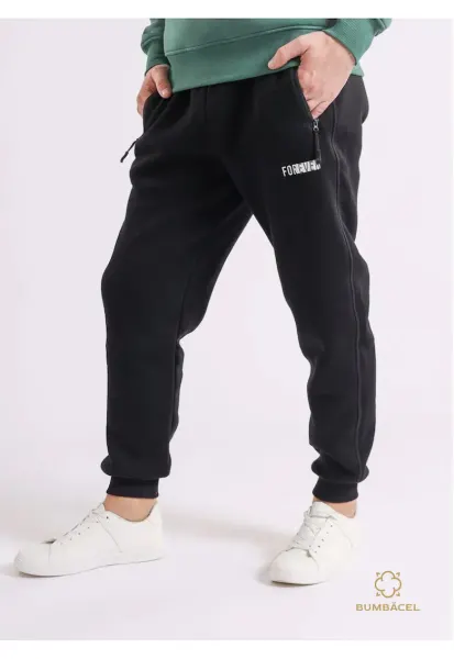 Pantaloni sport cu flis - din bumbac - pentru barbati
