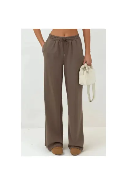 Pantaloni sport dama -  picior larg - talie inalta - maro - modal