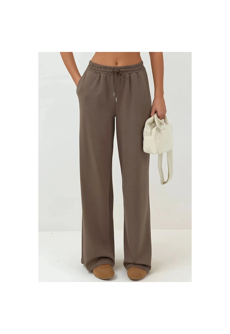 Pantaloni sport dama - picior larg - talie inalta - maro - modal