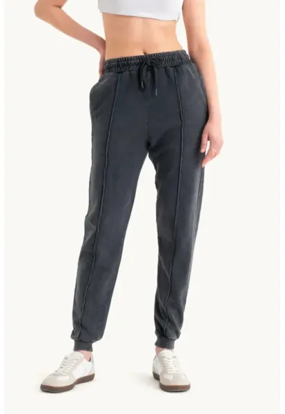 Pantaloni sport dama -  talie medie - talie elastica - buzunar - picior drept - gri - textil