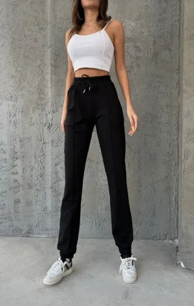 Pantaloni sport pentru femei, uni, cu talie inalta, Negru
