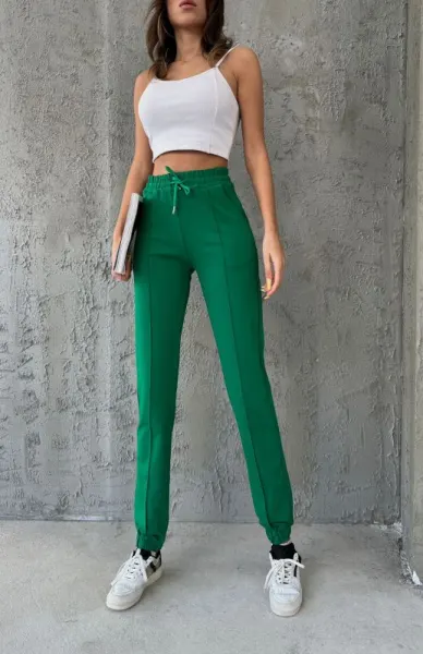 Pantaloni sport pentru femei, uni, cu talie inalta, Verde