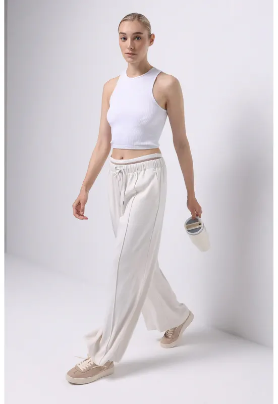 Pantaloni sport relaxed fit cu talie inalta ajustabila - Alb fildes