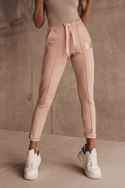 Pantaloni sport WeiLy, croiala conica si dunga, Roz