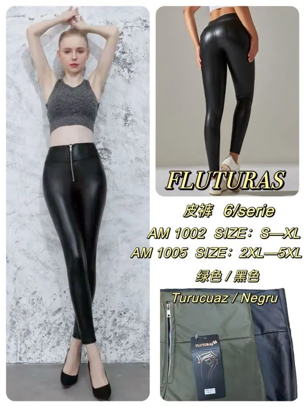 Pantaloni tip colant Engros pentru femei, din imitati de piele cu fermoar, tip sport, casual, cu talie inalta , super calitate, elastan [CLONE]
