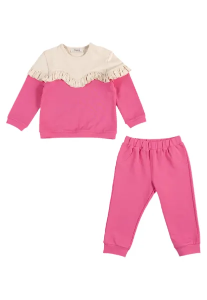 Set 2 piese sport: Bluza cu maneca lunga si volan si pantalon  - Hope - Roz Fucsia si Bej - pentru fetite - Fucsia