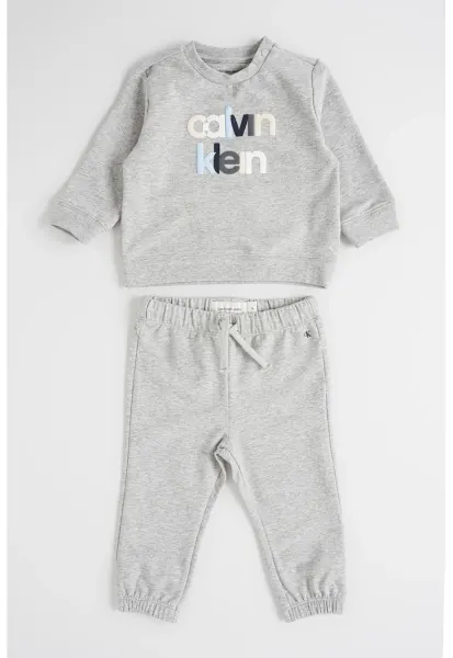 Set de bluza de trening cu logo si pantaloni de trening din amestec de bumbac organic - 2 piese - Gri deschis