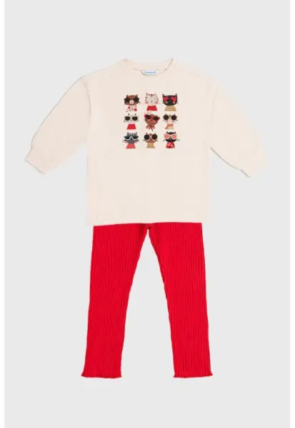 Set de bluza de trening si colanti - 2 piese - Rosu vermillion/Bej deschis