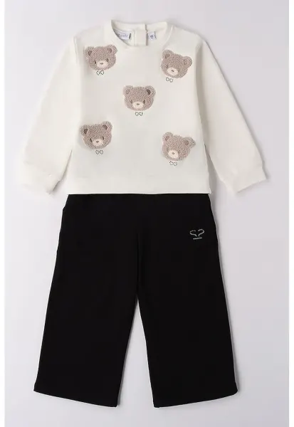 Set de bluza de trening si pantaloni cu aplicatii urs - Alb fildes/Negru/Maro taupe deschis