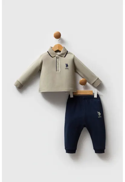Set de bluza polo din bumbac si pantaloni de trening relaxed-fit - 2 piese - Maro taupe deschis/Bleumarin