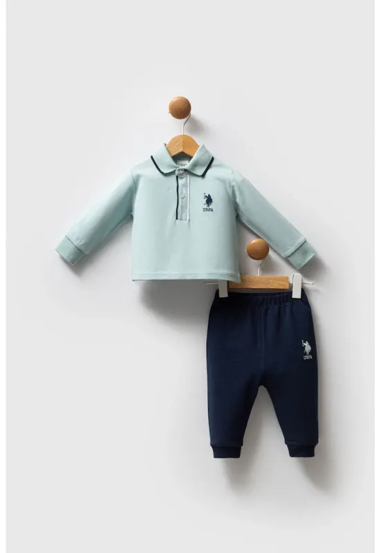 Set de bluza polo din bumbac si pantaloni de trening relaxed-fit - 2 piese - Verde pal/Bleumarin