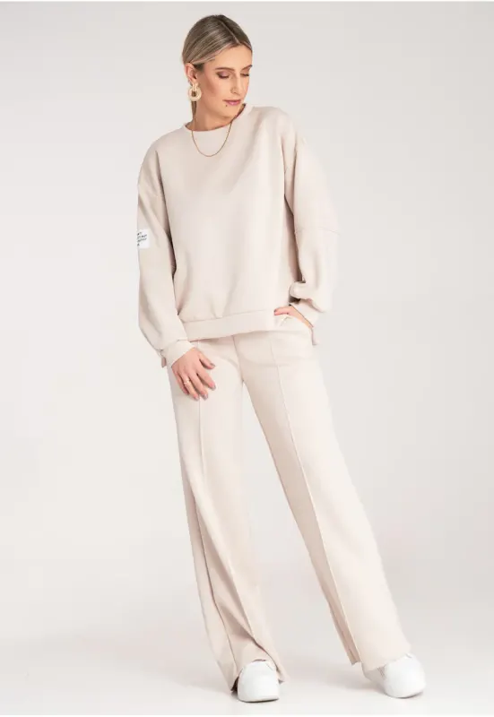 Set trening dama cu croiala lejera - bluza si pantaloni lungi - M1168 - Bej