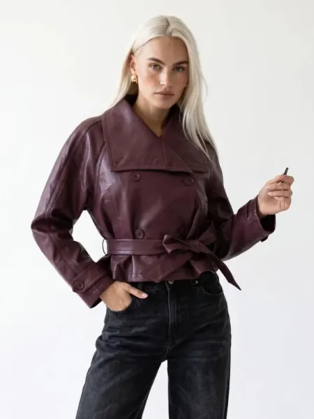 Steph Faux Leather Cropped Jacket in Wine - Wine / XL