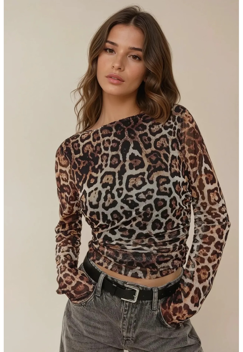 Top dama - imprimeu leopard - decolteu tip barca - volane - multicolor - poliester