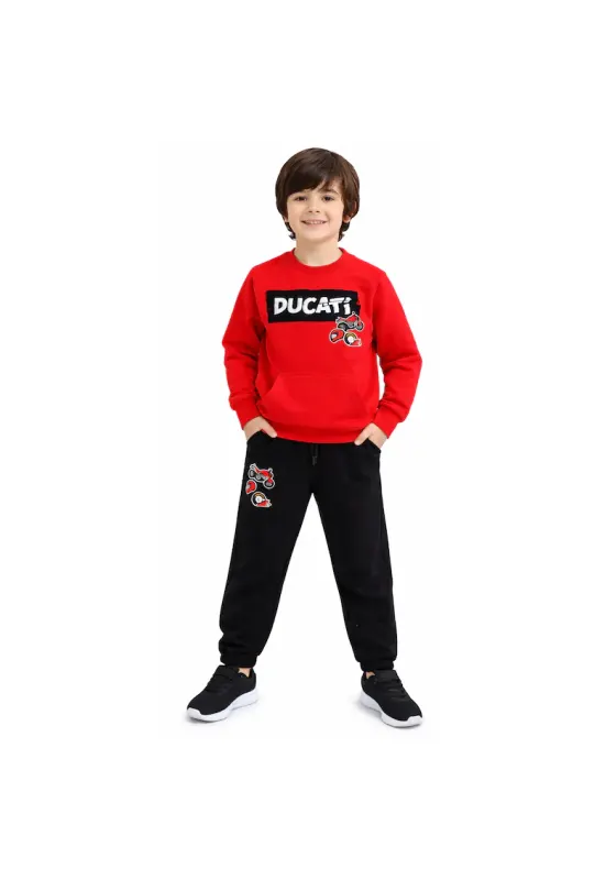 Trening baieti  doua piese hanorac cu buzunar si pantaloni fleece Rosu Negru