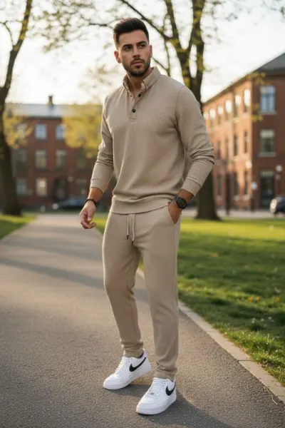 Trening barbati slim fit bej, Pantaloni + Bluza C200 N6-4