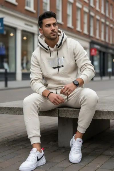 Trening barbati slim fit bej, Pantaloni + Hanorac 5025 108-3